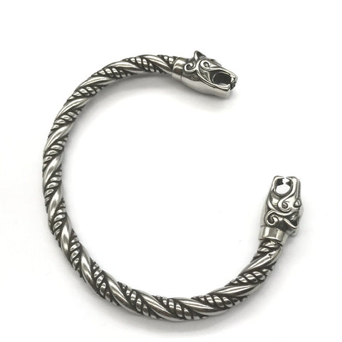 Goth Viking Dragon Heads Steel Braids Cuff Bracelet - S watereverysunday