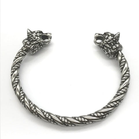 Goth Viking Wolf Heads Steel Braids Cuff Bracelet watereverysunday