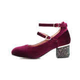 Elin Sequined Heel Mary Jane Velvet Pumps