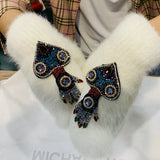 Bejeweled Crystal Rabbit Fur Mitten Gloves