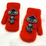 Bejeweled Crystal Rabbit Fur Mitten Gloves