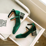 Elin Sequined Heel Mary Jane Velvet Pumps