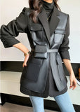 Cecia Faux Leather Patchwork Woolen Blazer Jacket