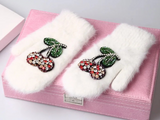 Bejeweled Crystal Rabbit Fur Mitten Gloves