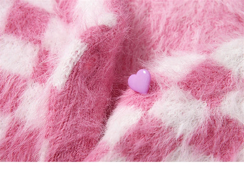 Limona Fuzzy Pink Checkerboard Cropped Cardigan – watereverysunday