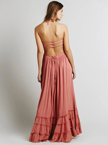 Zelda Open Back Halter Maxi Dress Beige White / XXL Zelda Open Back Halter Maxi Dress Beige White / XXL