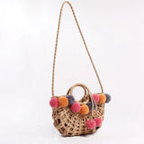 Lilac PomPom Chunky Straw Bag