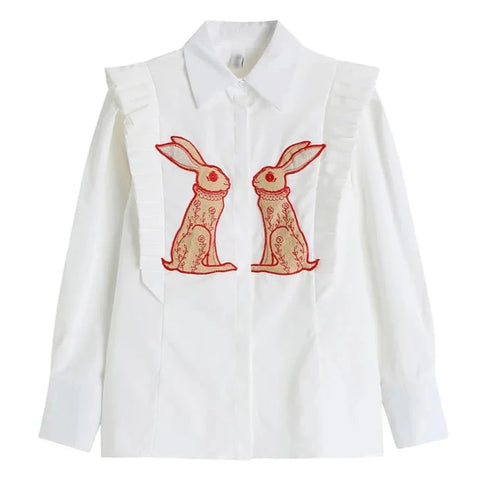 Isabella Vintage Rabbit Embroidery Frill Shirt Blouse