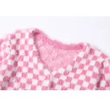 Limona Fuzzy Pink Checkerboard Cropped Cardigan