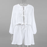 Heisey White Cotton Lacing Front Top and Shorts Set watereverysunday