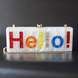 Hello Engraved Pearly Acrylic Long Box Clutch