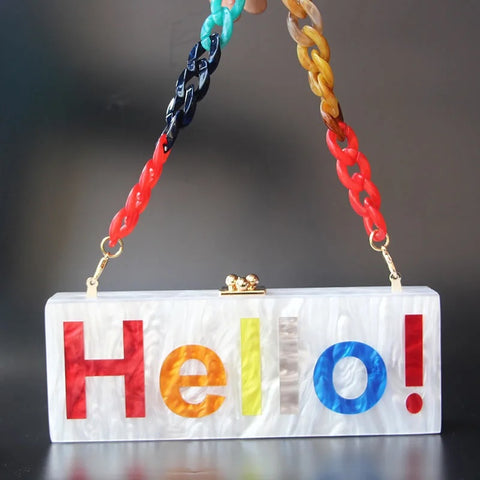 Hello Engraved Pearly Acrylic Long Box Clutch