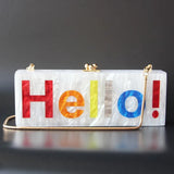 Hello Engraved Pearly Acrylic Long Box Clutch