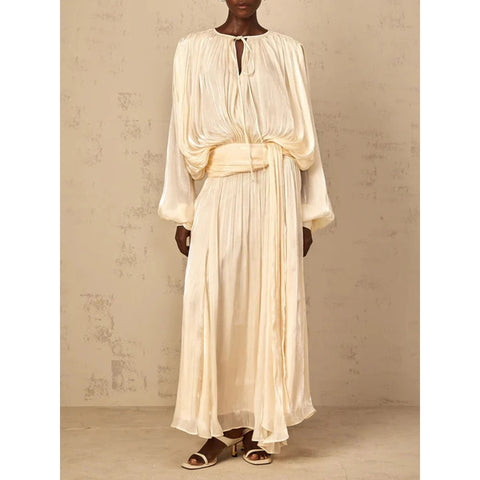 Heran Pleated Tie-Waist Chiffon Dress