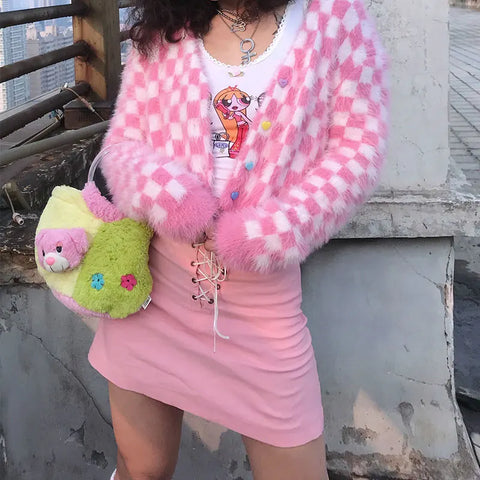 Limona Fuzzy Pink Checkerboard Cropped Cardigan