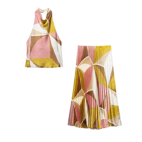 Hollies Geometry Prints Satin Halter Top and Pleated Skirts