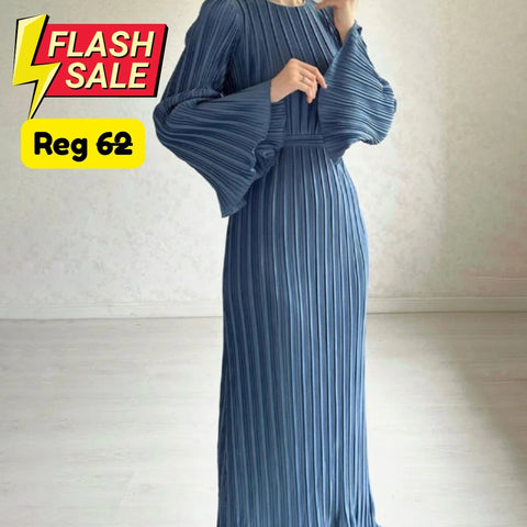 Hollis Pleated Ruffle Sleeves Maxi Dress - BLUE/ L - SALE