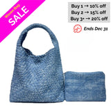 Izara Distressed Denim Serpentine Woven Totes