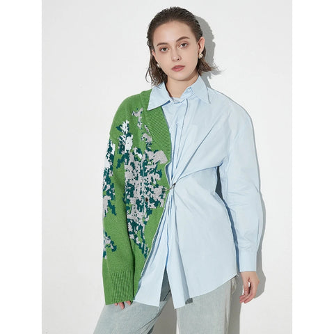 Jordana Asymmetric Knit–Shirt Hybrid Top