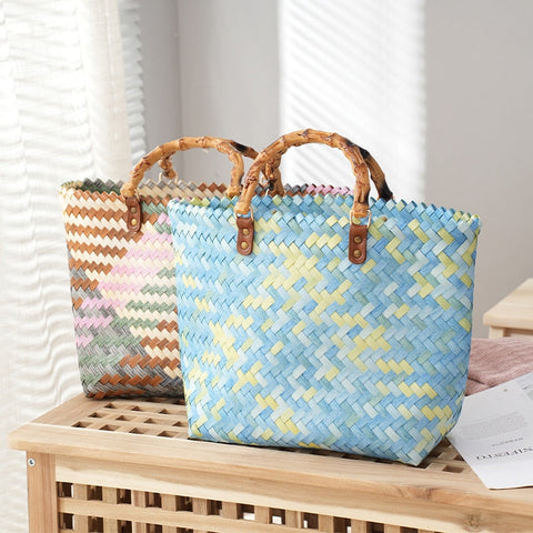 Julia Plaid Woven Straw Totes - 2 Colors watereverysunday