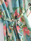 Juniper Crane & Floral Print Bohemian Kimono Robe watereverysunday