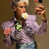 Kaarina Flower Embellished Gingham Shirts Blouses - 4 Colors watereverysunday