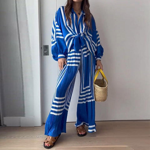 Kemala Blue Stripe Prints Top and Pants 2 Pieces Set watereverysunday