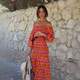 Kyra Printed Off the Shoulder Shirring Dress