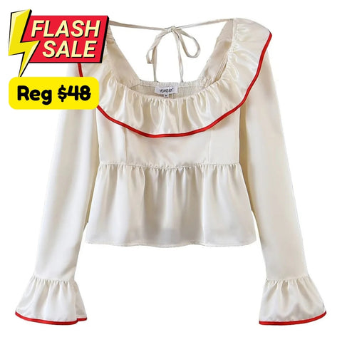 Lani Babydoll Ruffle Blouse / Beige S, L - SALE