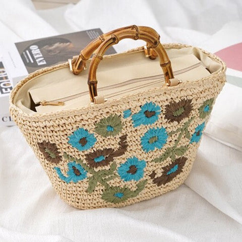 Lavinia Floral Embroidery Straw Baskets - 3 Colors