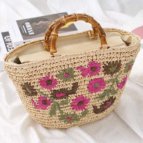 Lavinia Floral Embroidery Straw Baskets - 3 Colors