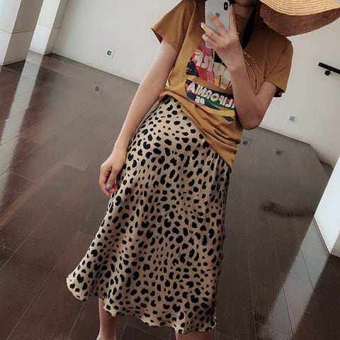 Leopard/Floral Print Satin Midi Skirts