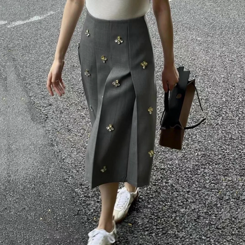 Leslie Crystal Embellished Pleated Midi Skirts