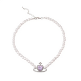 Lilac Heart Saturn Pendant Pearl Choker Necklace watereverysunday