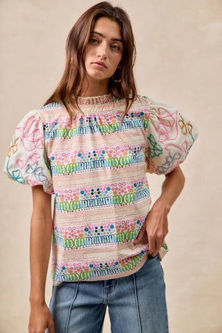 Lilian Ruffle Embroidery Puff Sleeve Blouse