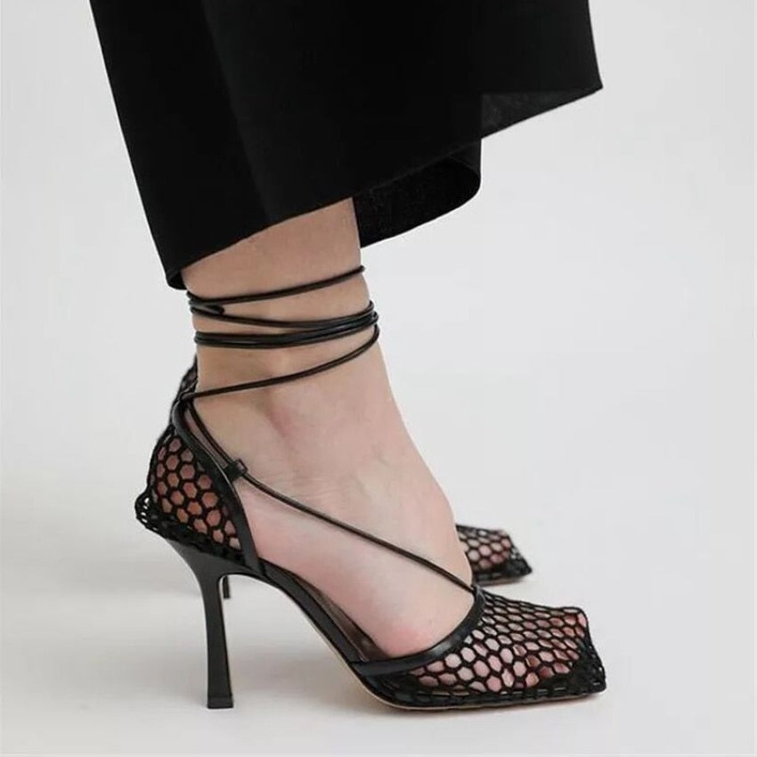 Lulu Square Toe Mesh Lace-Up Sandals - 4 Colors