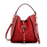 Luxe Riveted Leopard Head Lock Leather Bucket Bag - 7 Colors watereverysunday