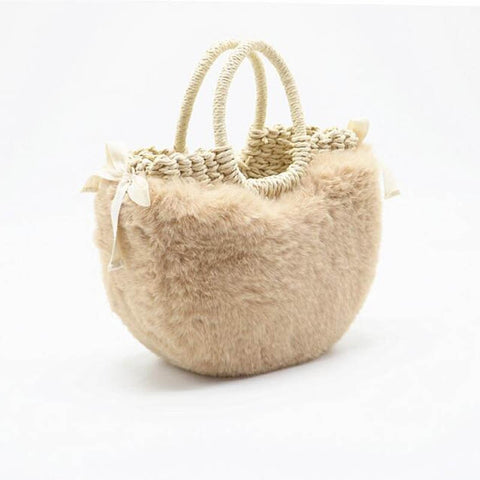 Maisie Fur Lined Straw Tote Bag watereverysunday