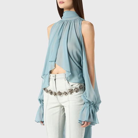 Margarida Boho Ruffle Halter Cape Blouse