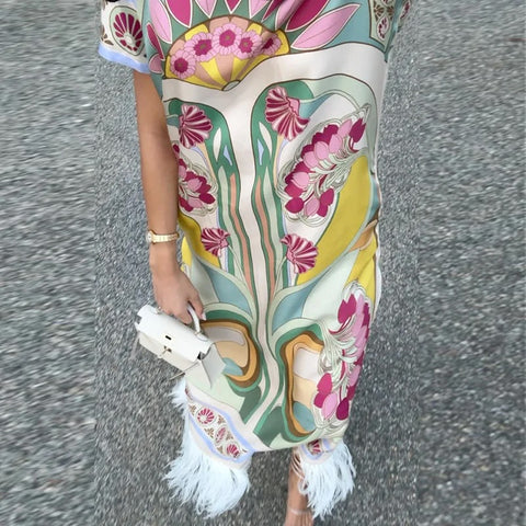 Maribel Floral Print Satin Feather Hem Maxi Dress