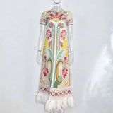 Maribel Floral Print Satin Feather Hem Maxi Dress