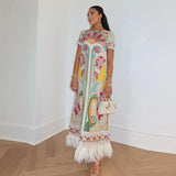 Maribel Floral Print Satin Feather Hem Maxi Dress