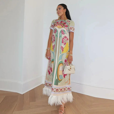 Maribel Floral Print Satin Feather Hem Maxi Dress