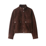 Brown suede jacket with button details on a white background