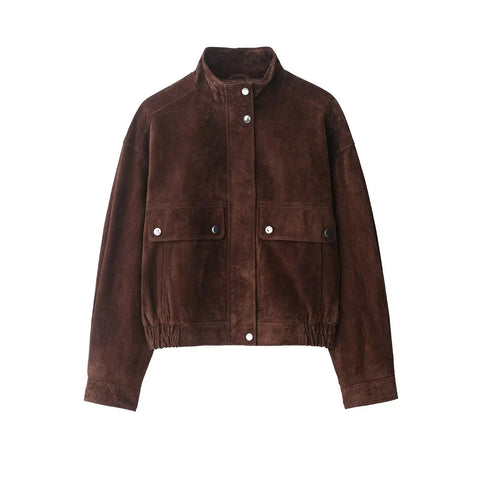Brown suede jacket with button details on a white background