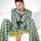 Miro Feather-Trim Printed Satin Pajama Set