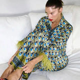 Miro Feather-Trim Printed Satin Pajama Set