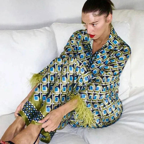 Miro Feather-Trim Printed Satin Pajama Set