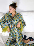 Miro Feather-Trim Printed Satin Pajama Set