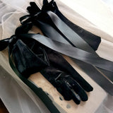 Nataly Long Black Velvet Gloves with Ribbons watereverysunday